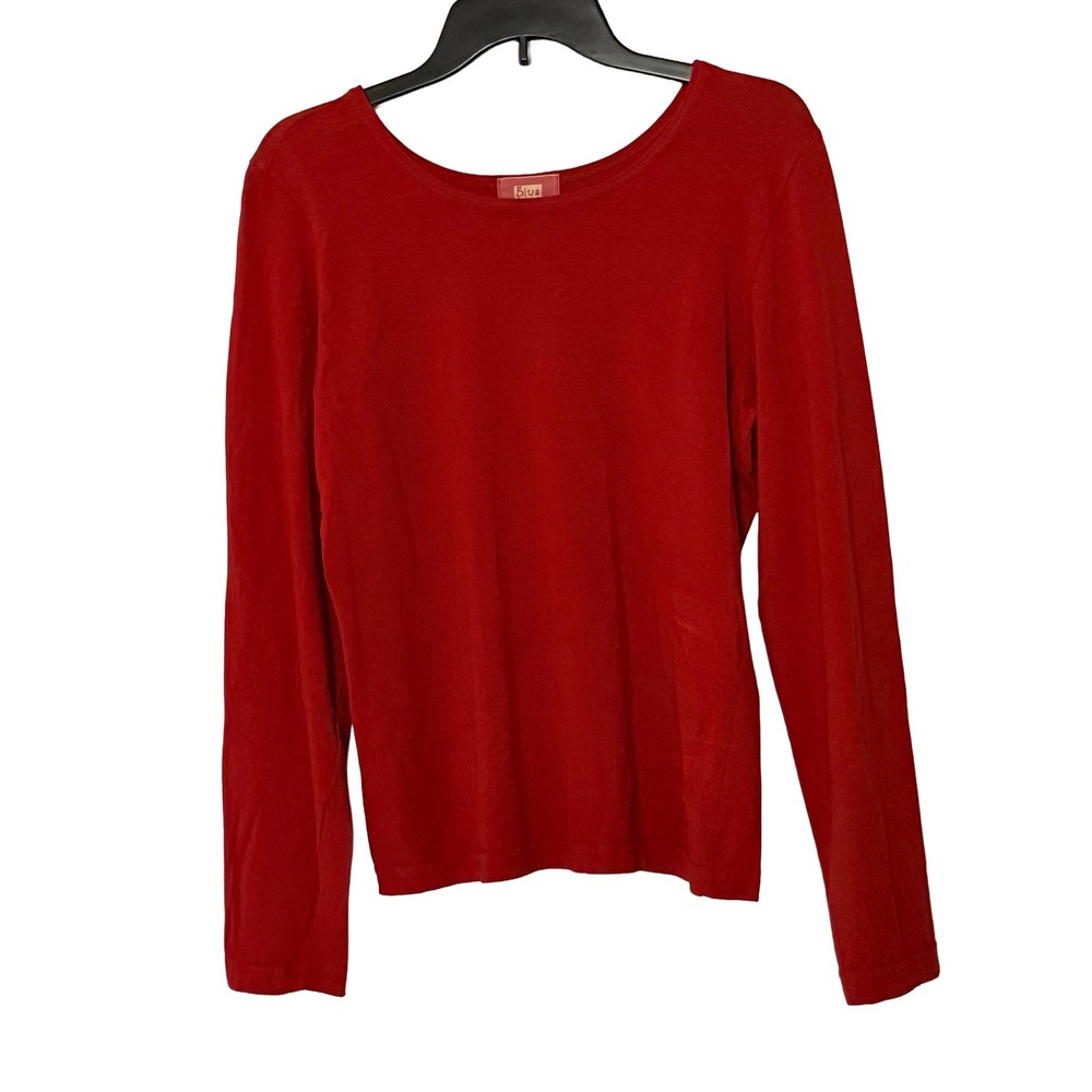 Blue Fish Long Sleeve Tee Red Cotton Lycra Scoop Neck Lagenlook - Medium